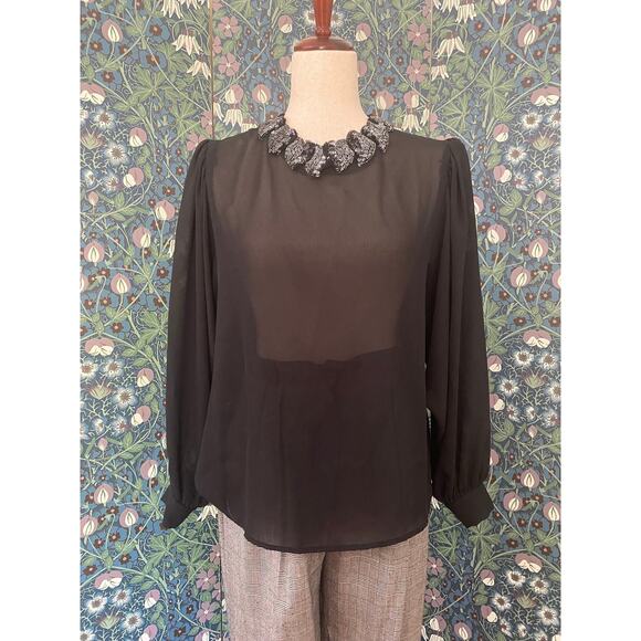 Vintage sheer black blouse with beaded collar, size M/L - Picture 2 of 6